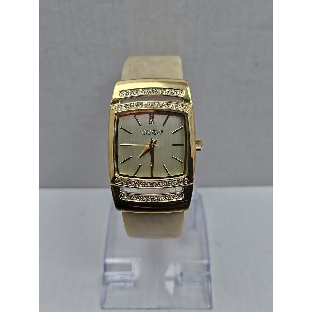 Caravelle by Bulova Crystal Bangle Watch Champagne Dial New Battery Quartz